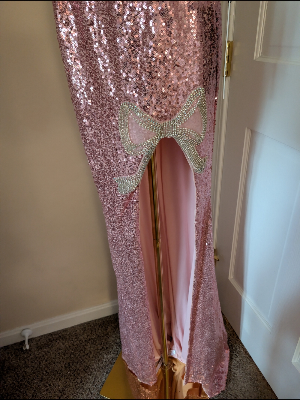 NWT Jovani 40100 Pink Sequin Bow Slit Prom Formal Gown Size 8 - Picture 3 of 7
